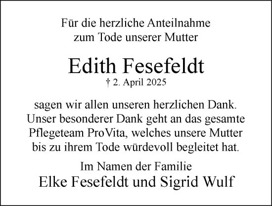 Traueranzeige von Edith Fesefeldt von Uetersener Nachrichten, Der tip am Wochenende