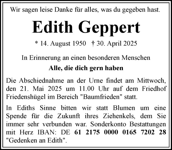 Traueranzeige von Edith Geppert von Flensburger Tageblatt