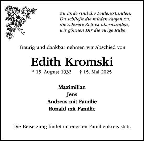 Traueranzeige von Edith Kromski von MARKT Glinde/Reinfeld