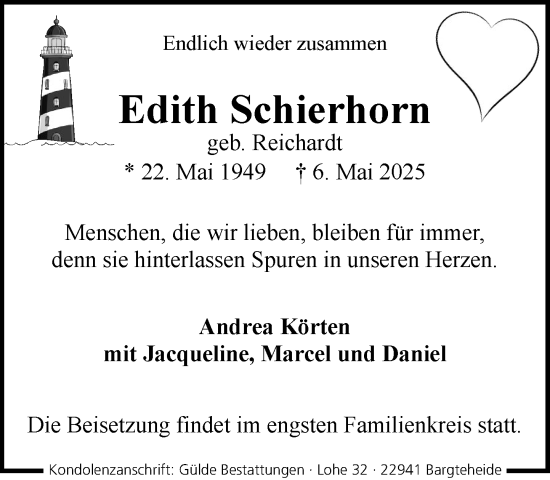 Traueranzeige von Edith Schierhorn von MARKT Ahrensburg/Bargteheide/Trittau und Stormarner Tageblatt