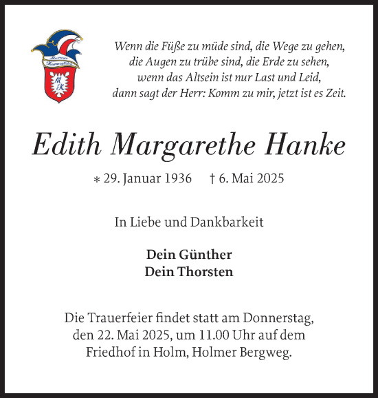 Traueranzeige von Edith Margarethe Hanke von Wedel-Schulauer Tageblatt, tip Wedel-Schulauer Tageblatt, tip Rissener Rundschau