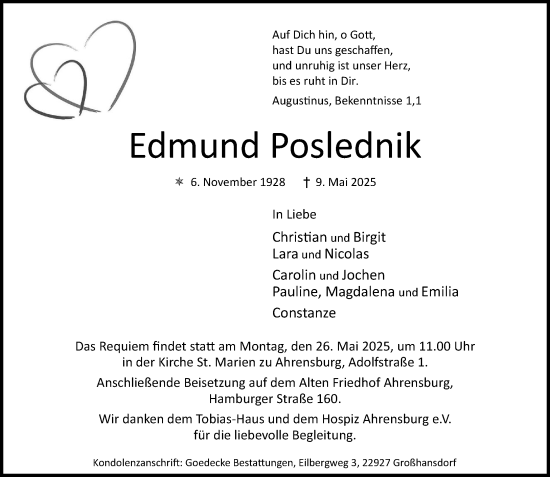 Traueranzeige von Edmund Poslednik von MARKT Ahrensburg/Bargteheide/Trittau und Stormarner Tageblatt