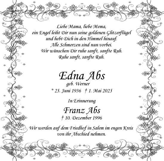 Traueranzeige von Edna Abs von MARKT Ratzeburg/Mölln