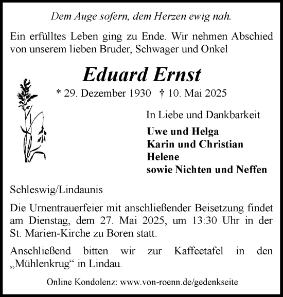 Traueranzeige von Eduard Ernst von Flensburger Tageblatt, Schleswiger Nachrichten, Schlei-Bote