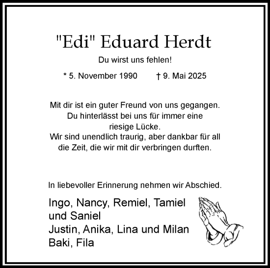 Traueranzeige von Eduard Herdt von Holsteinischer Courier