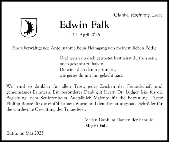 Traueranzeige von Edwin Falk von Ostholsteiner Anzeiger