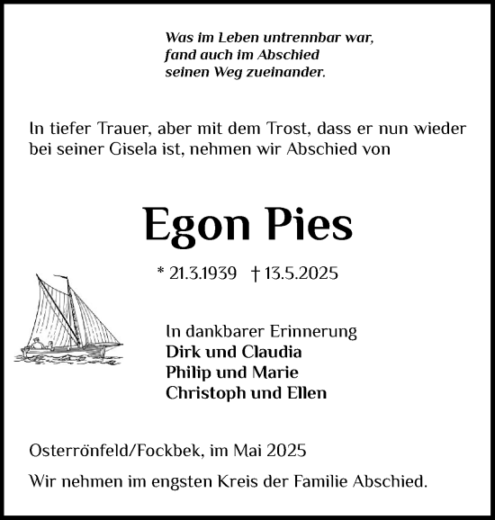 Traueranzeige von Egon Pies von Schleswig-Holsteinische Landeszeitung