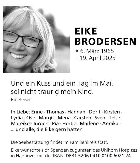Traueranzeige von Eike Brodersen von Husumer Nachrichten, Nordfriesland Tageblatt