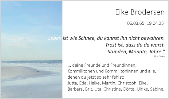 Traueranzeige von Eike Brodersen von Husumer Nachrichten, Nordfriesland Tageblatt