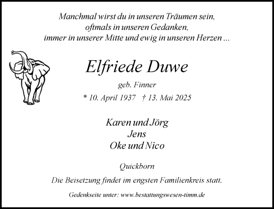 Traueranzeige von Elfriede Duwe von Region Pinneberg und tip Pinneberg
