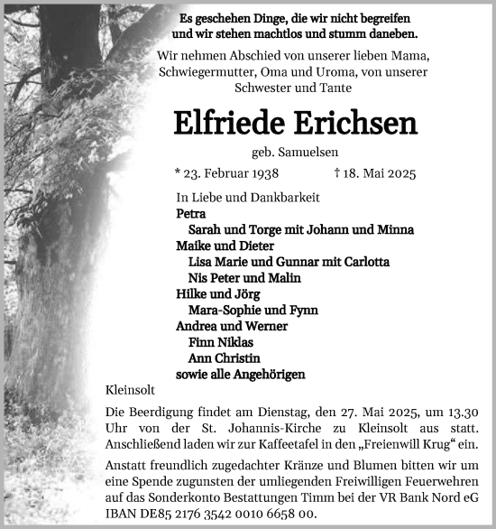 Traueranzeige von Elfriede Erichsen von Flensburger Tageblatt