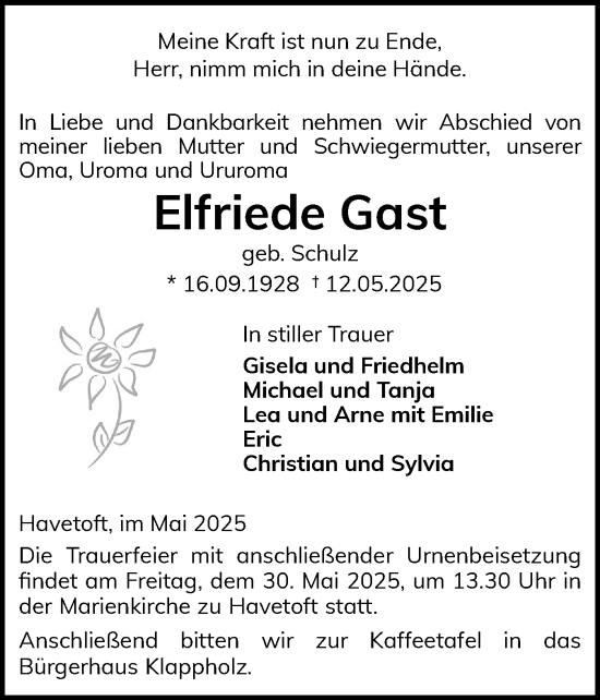 Traueranzeige von Elfriede Gast von Flensburger Tageblatt, Schleswiger Nachrichten, Schlei-Bote