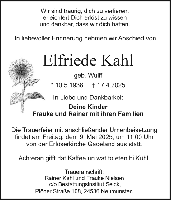 Traueranzeige von Elfriede Kahl von Holsteinischer Courier