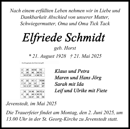 Traueranzeige von Elfriede Schmidt von Schleswig-Holsteinische Landeszeitung