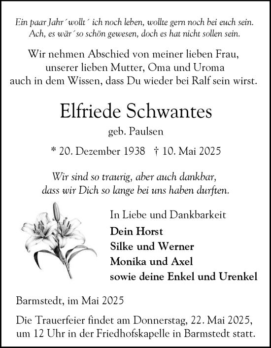 Traueranzeige von Elfriede Schwantes von Elmshorner Nachrichten, Barmstedter Zeitung