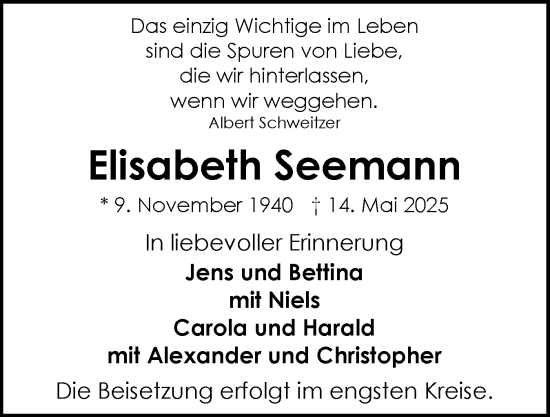 Traueranzeige von Elisabeth Seemann von Schleswig-Holsteinische Landeszeitung