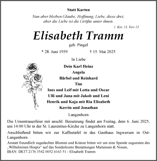 Traueranzeige von Elisabeth Tramm von Husumer Nachrichten, Nordfriesland Tageblatt
