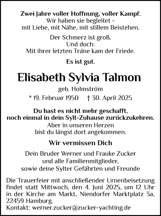 Traueranzeige von Elisabeth Sylvia Talmon von Sylter Rundschau