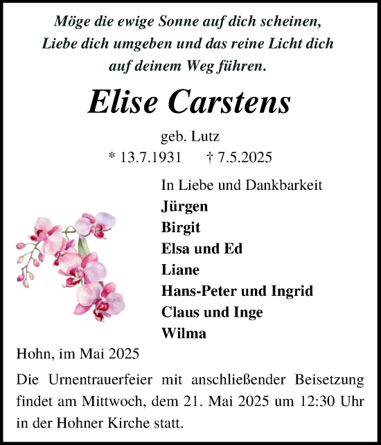 Traueranzeige von Elise Carstens von Schleswig-Holsteinische Landeszeitung