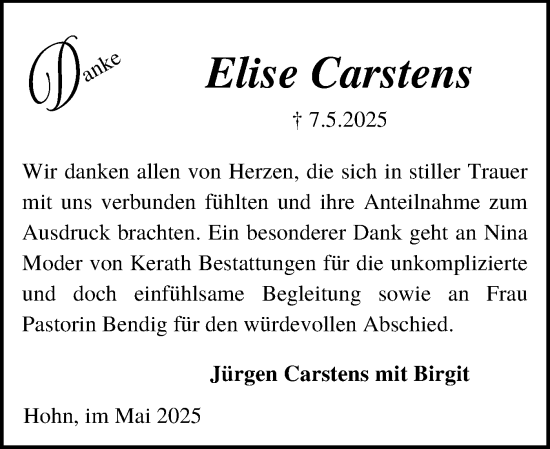 Traueranzeige von Elise Carstens von Schleswig-Holsteinische Landeszeitung