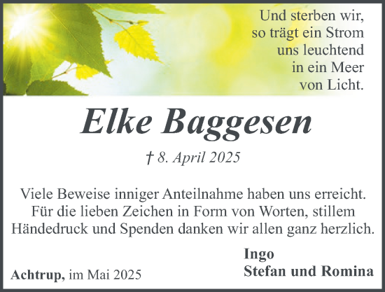 Traueranzeige von Elke Baggesen von Husumer Nachrichten, Nordfriesland Tageblatt