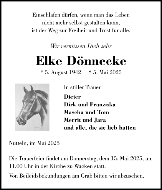 Traueranzeige von Elke Dönnecke von Norddeutsche Rundschau, Wilstersche Zeitung, Glückstädter Fortuna