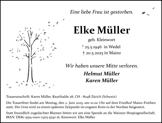 Traueranzeige von Elke Müller von Wedel-Schulauer Tageblatt, tip Wedel-Schulauer Tageblatt, tip Rissener Rundschau