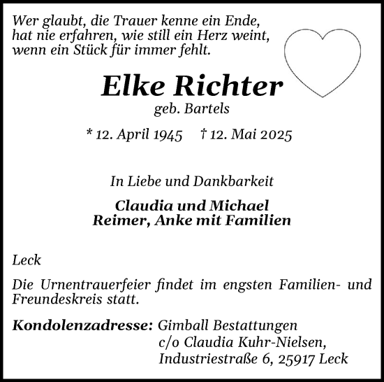 Traueranzeige von Elke Richter von Husumer Nachrichten, Nordfriesland Tageblatt