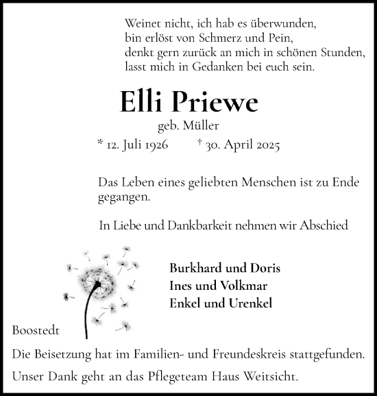 Traueranzeige von Elli Priewe von Holsteinischer Courier