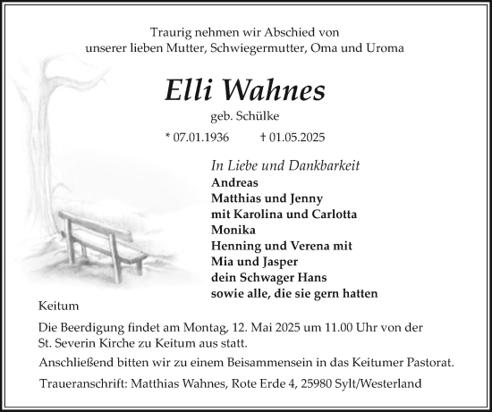 Traueranzeige von Elli Wahnes von Sylter Rundschau