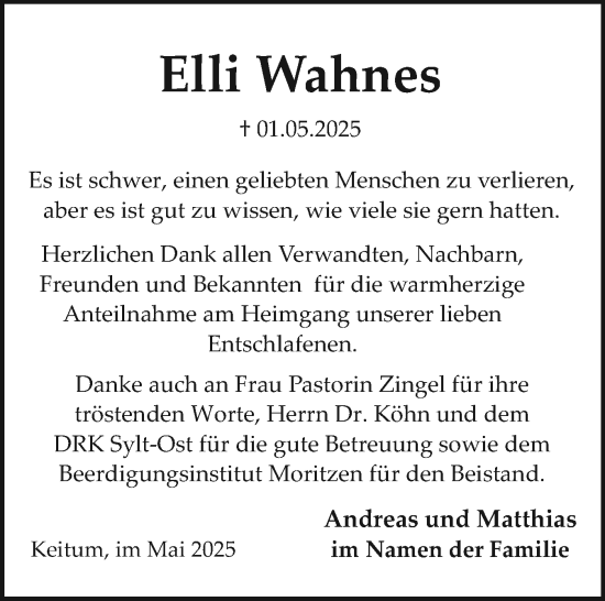 Traueranzeige von Elli Wahnes von Sylter Rundschau