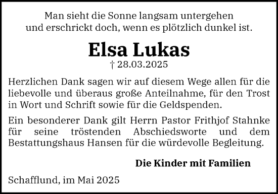 Traueranzeige von Elsa Lukas von Flensburger Tageblatt