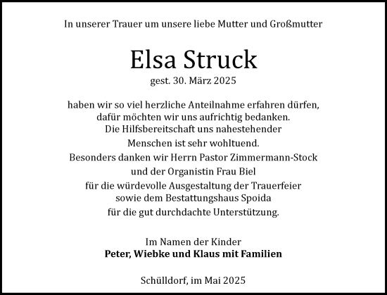 Traueranzeige von Elsa Struck von Schleswig-Holsteinische Landeszeitung