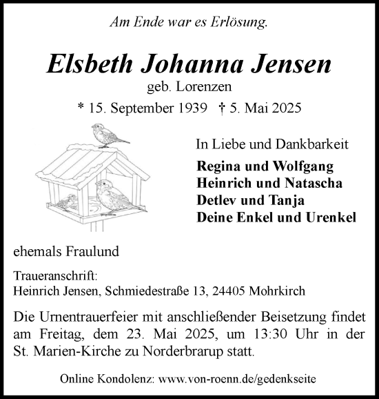 Traueranzeige von Elsbeth Johanna Jensen von Schleswiger Nachrichten, Schlei-Bote