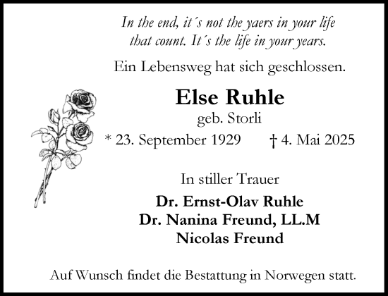 Traueranzeige von Else Ruhle von MARKT Ahrensburg/Bargteheide/Trittau und Stormarner Tageblatt