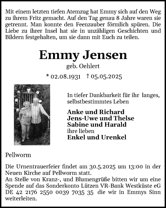Traueranzeige von Emmy Jensen von Husumer Nachrichten, Nordfriesland Tageblatt