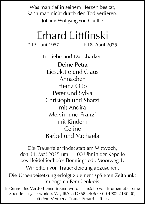 Traueranzeige von Erhard Littfinski von Region Pinneberg und tip Pinneberg