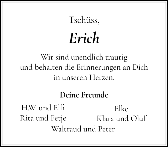 Traueranzeige von Erich  von Sylter Rundschau
