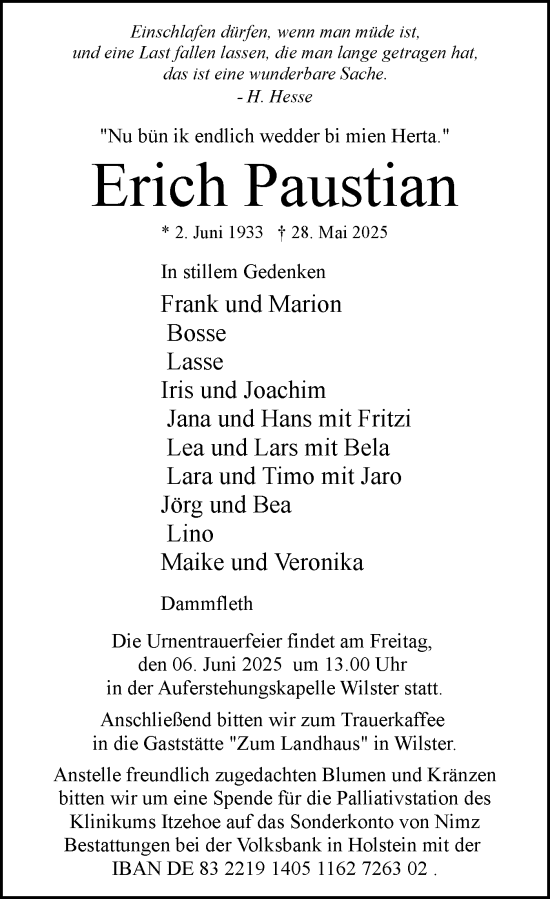 Traueranzeige von Erich Paustian von Norddeutsche Rundschau, Wilstersche Zeitung, Glückstädter Fortuna