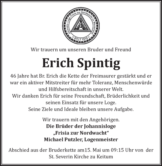 Traueranzeige von Erich Spintig von Sylter Rundschau