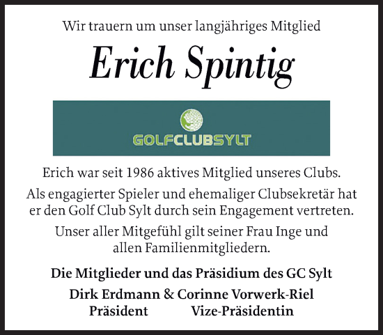 Traueranzeige von Erich Spintig von Sylter Rundschau