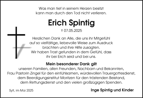 Traueranzeige von Erich Spintig von Sylter Rundschau