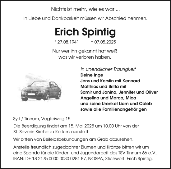 Traueranzeige von Erich Spintig von Sylter Rundschau