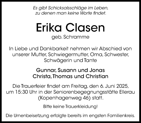 Traueranzeige von Erika Clasen von Umschau