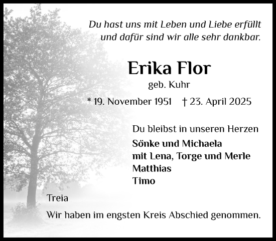 Traueranzeige von Erika Flor von Schleswiger Nachrichten, Schlei-Bote
