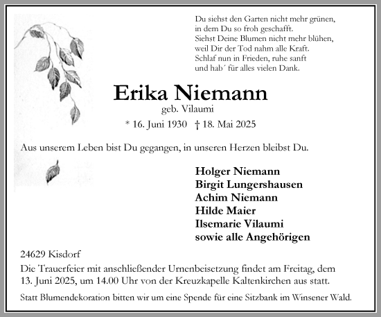 Traueranzeige von Erika Niemann von Umschau