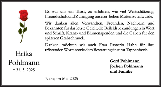 Traueranzeige von Erika Pohlmann von MARKT Ahrensburg/Bargteheide/Trittau und Stormarner Tageblatt