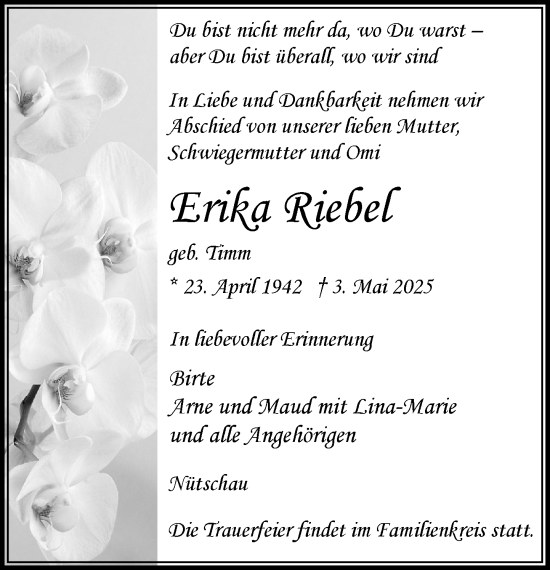 Traueranzeige von Erika Riebel von MARKT Bad Oldesloe/Reinfeld und Stormarner Tageblatt