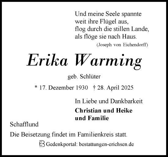 Traueranzeige von Erika Warming von Flensburger Tageblatt