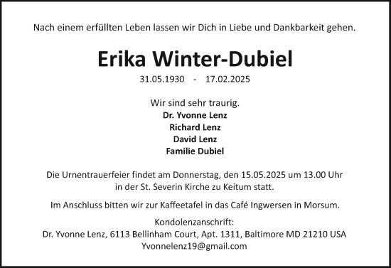 Traueranzeige von Erika Winter-Dubiel von Sylter Rundschau